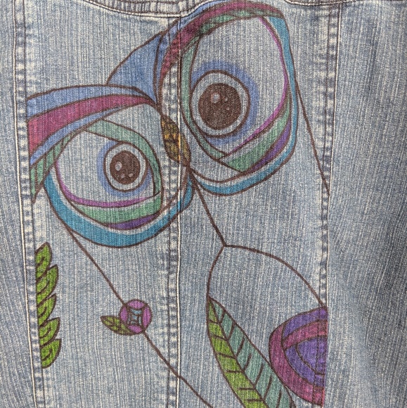 Hand Drawn Owl Denim Jacket Coldwater Creek - Picture 4 of 8